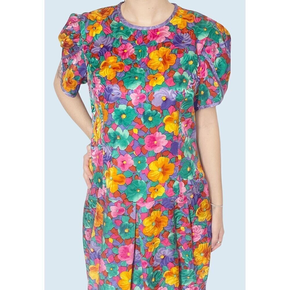 Vintage TALB0TS by DAVID WARREN 80s / 90s Silk Floral Midi Dress Sz M